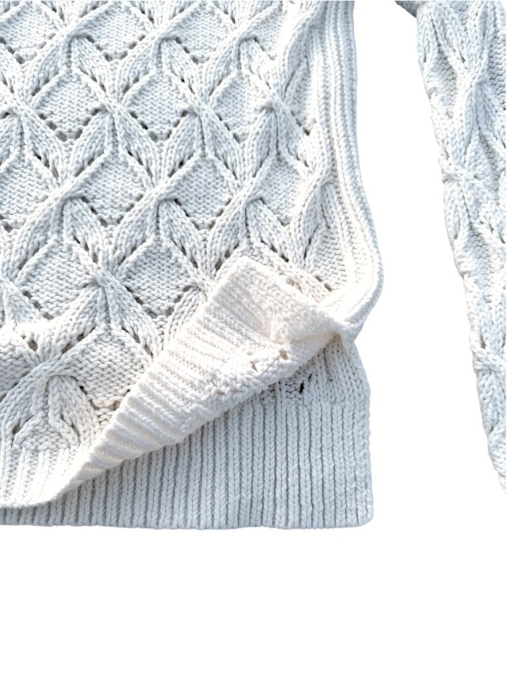 LOFT Cream Cable Knit Openwork Pointelle Sweater Off White Crew Neck - Picture 9 of 16